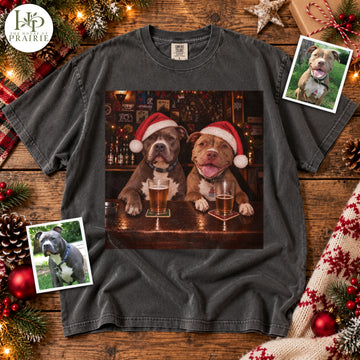 Personalized Pitbull Christmas T-Shirt | Custom 1 or 2 Dog Photos Santa Hat Beer Bar Graphic Tee | Funny Holiday Pitbull Lover Gift | Upload Your Pet Pictures