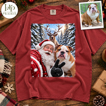 Personalized English Bulldog Christmas T-Shirt | Custom Dog Photo Santa & Reindeer Selfie Tee | Funny Holiday Bulldog Lover Gift | Upload Your Pet Picture