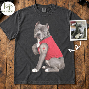 Personalized Pitbull T-Shirt | Custom Dog Photo I Love Dad Tattoo Funny Muscle Dog Graphic Tee | Pitbull Dad Father's Day Gift | Upload Your Pet Picture