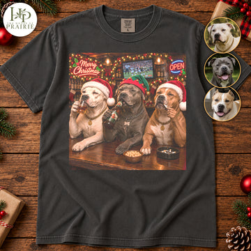 Personalized Pitbull Christmas T-Shirt | Custom 3 Dog Photos Funny Santa Bar Drinking Beer Graphic Tee | Christmas Pitbull Lover Gift | Upload Your Pet Pictures