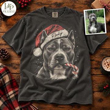 Personalized Pitbull Christmas T-Shirt | Custom Dog Photo Vintage Santa Hat Candy Cane Graphic Tee | Custom Pet Name Shirt | Funny Holiday Pitbull Lover Gift | Upload Your Pet Picture