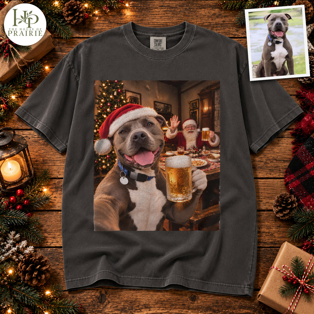Personalized Pitbull Christmas T-Shirt | Custom Dog Photo Santa Claus Beer Selfie Graphic Tee | Funny Holiday Pitbull Lover Gift | Upload Your Pet Picture