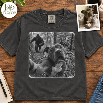 Personalized Pitbull Bigfoot Selfie T-Shirt | Custom Dog Photo Funny Sasquatch Chase Graphic Tee | Pitbull Lover Gift | Upload Your Pet Picture