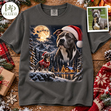 Personalized Pitbull Christmas T-Shirt | Custom Dog Photo Santa Hat Winter Wonderland Full Moon Snowy Mountain Graphic Tee | Christmas Pitbull Lover Gift | Upload Your Pet Picture