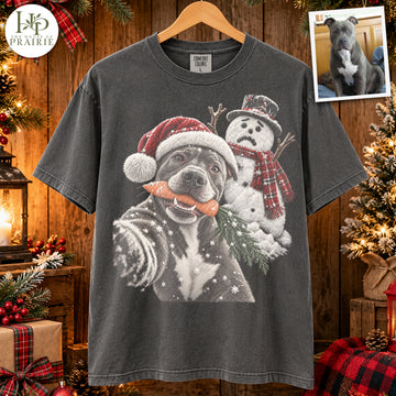 Personalized Pitbull Christmas T-Shirt | Custom Dog Photo Funny Snowman Carrot Selfie Graphic Tee | Cute Holiday Pitbull Lover Gift | Upload Your Pet Picture