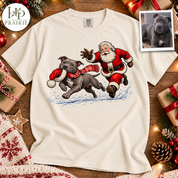 Personalized Pitbull Christmas T-Shirt | Custom Dog Photo Funny Santa Claus Snow Chase Graphic Tee | Holiday Pitbull Lover Gift | Upload Your Pet Picture