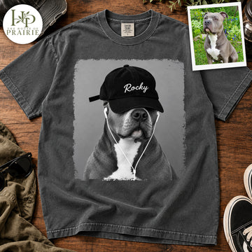 Personalized Pitbull Cool Dog T-Shirt | Custom Pet Photo Black and White Hip Hop Portrait Graphic Tee | Custom Dog Name Shirt | Pitbull Lover Gift | Upload Your Pet Picture