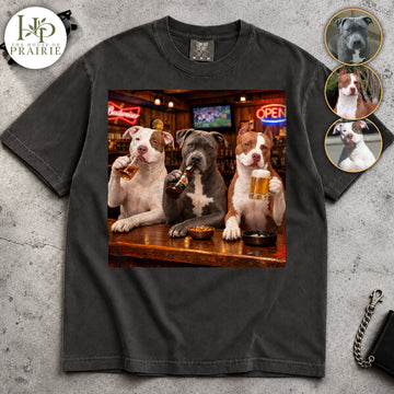 Personalized Pitbull T-Shirt | Custom 1 2 or 3 Dog Photos at the Bar Drinking Beer Graphic Tee | Funny Pitbull Lover Gift | Upload Your Pet Pictures