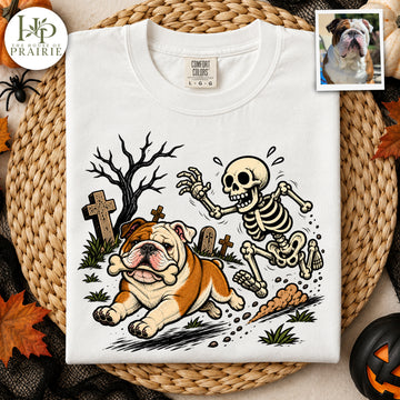 Personalized English Bulldog Halloween T-Shirt | Custom Dog Photo Funny Skeleton Graveyard Graphic Tee | Spooky Bulldog Lover Gift | Upload Your Pet Picture