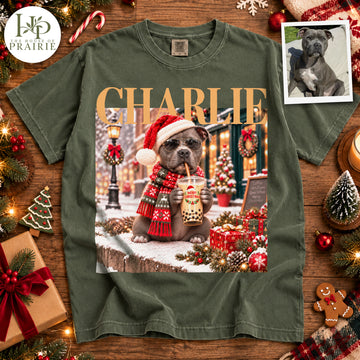 Personalized Pitbull Christmas T-Shirt | Custom Dog Photo Santa Hat Sunglasses Bubble Tea Snowy Christmas Scene Graphic Tee | Custom Pet Name | Holiday Pitbull Lover Gift | Upload Your Pet Picture