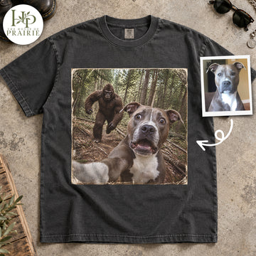 Personalized Pitbull T-Shirt | Custom Dog Photo Funny Bigfoot Chasing Dog Selfie Vintage Graphic Tee | Sasquatch Forest Adventure Pitbull Lover Gift | Upload Your Pet Picture