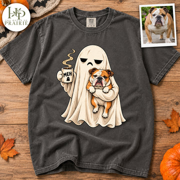 Personalized English Bulldog Halloween T-Shirt | Custom Dog Photo Funny Ghost Coffee Graphic Tee | Spooky Bulldog Lover Gift | Upload Your Pet Picture