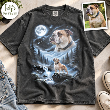 Personalized English Bulldog Moonlight T-Shirt | Custom Dog Photo Full Moon Forest Waterfall Graphic Tee | Bulldog Lover Gift | Upload Your Pet Picture