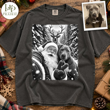 Custom Pitbull Christmas Photo T-Shirt | Personalized Dog Santa & Reindeer Black and White Selfie Tee | Vintage Holiday Dog Lover Gift | Upload Your Pet Picture