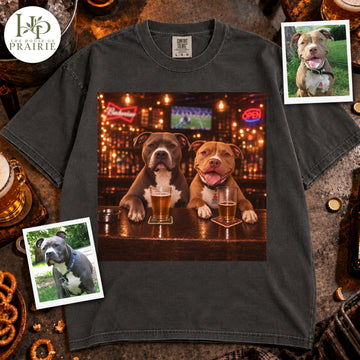 Personalized Pitbull T-Shirt | Custom Two Dog Photos at the Bar Drinking Beer Graphic Tee | Funny Pitbull Lover Gift | Upload Your Pet Pictures
