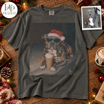 Personalized Pitbull Christmas T-Shirt | Custom Dog Photo Santa Hat Sunglasses Christmas Lights Iced Coffee Graphic Tee | Funny Holiday Pitbull Lover Gift | Upload Your Pet Picture