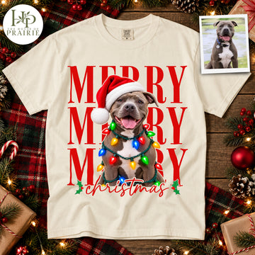 Personalized Pitbull Christmas T-Shirt | Custom Dog Photo Merry Merry Merry Christmas Santa Hat & Colorful Lights Graphic Tee | Cute Holiday Pitbull Lover Gift | Upload Your Pet Picture