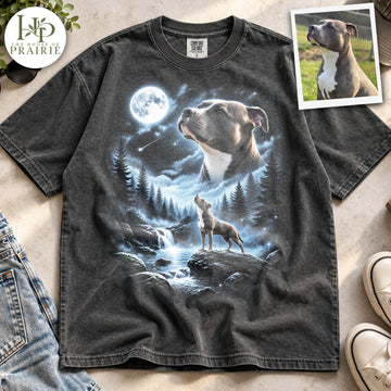 Personalized Pitbull Moonlight T-Shirt | Custom Dog Photo Full Moon Forest Waterfall Graphic Tee | Pitbull Lover Gift | Upload Your Pet Picture