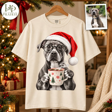 Personalized Pitbull Christmas T-Shirt | Custom Dog Photo Santa Hat Glasses Hot Coffee Graphic Tee | Cozy Holiday Pitbull Lover Gift | Upload Your Pet Picture