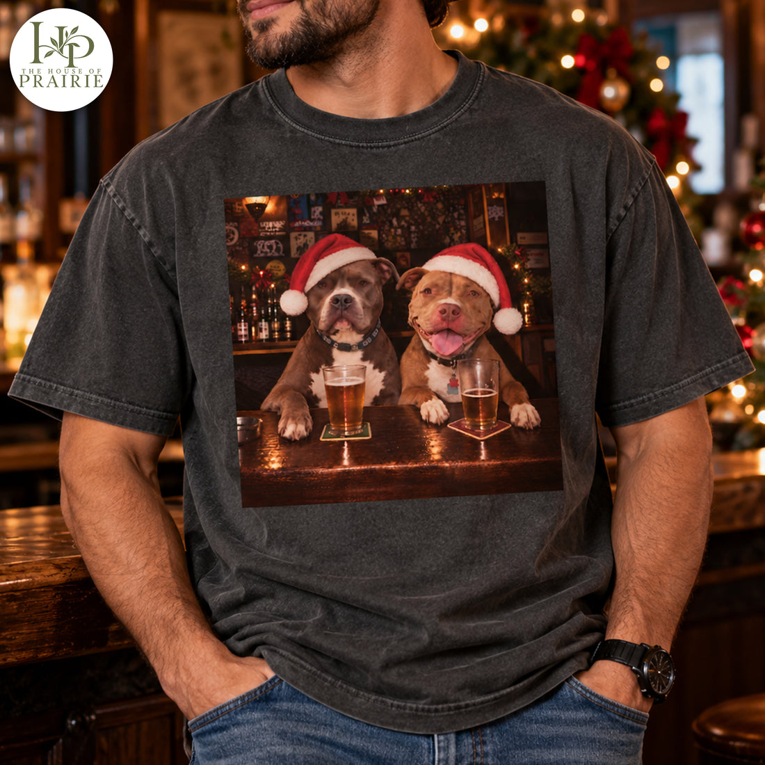 Personalized Pitbull Christmas T-Shirt | Custom 1 or 2 Dog Photos Santa Hat Beer Bar Graphic Tee | Funny Holiday Pitbull Lover Gift | Upload Your Pet Pictures