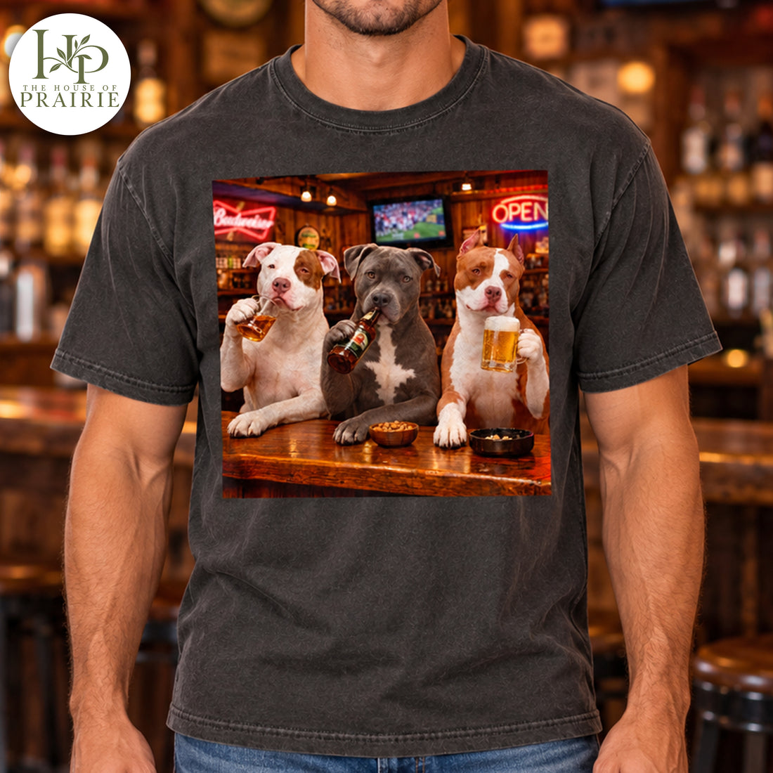 Personalized Pitbull T-Shirt | Custom 1 2 or 3 Dog Photos at the Bar Drinking Beer Graphic Tee | Funny Pitbull Lover Gift | Upload Your Pet Pictures