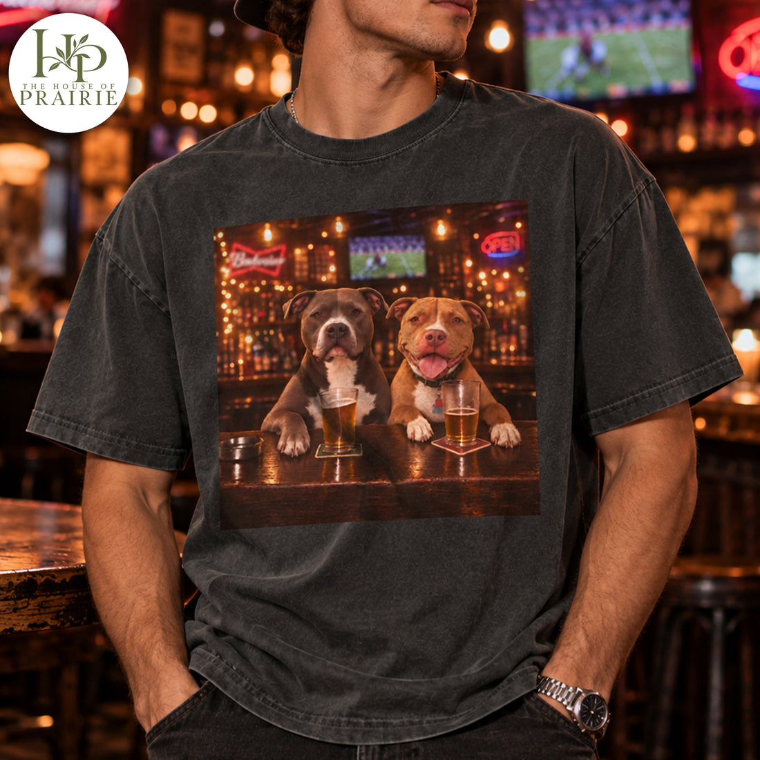 Personalized Pitbull T-Shirt | Custom Two Dog Photos at the Bar Drinking Beer Graphic Tee | Funny Pitbull Lover Gift | Upload Your Pet Pictures