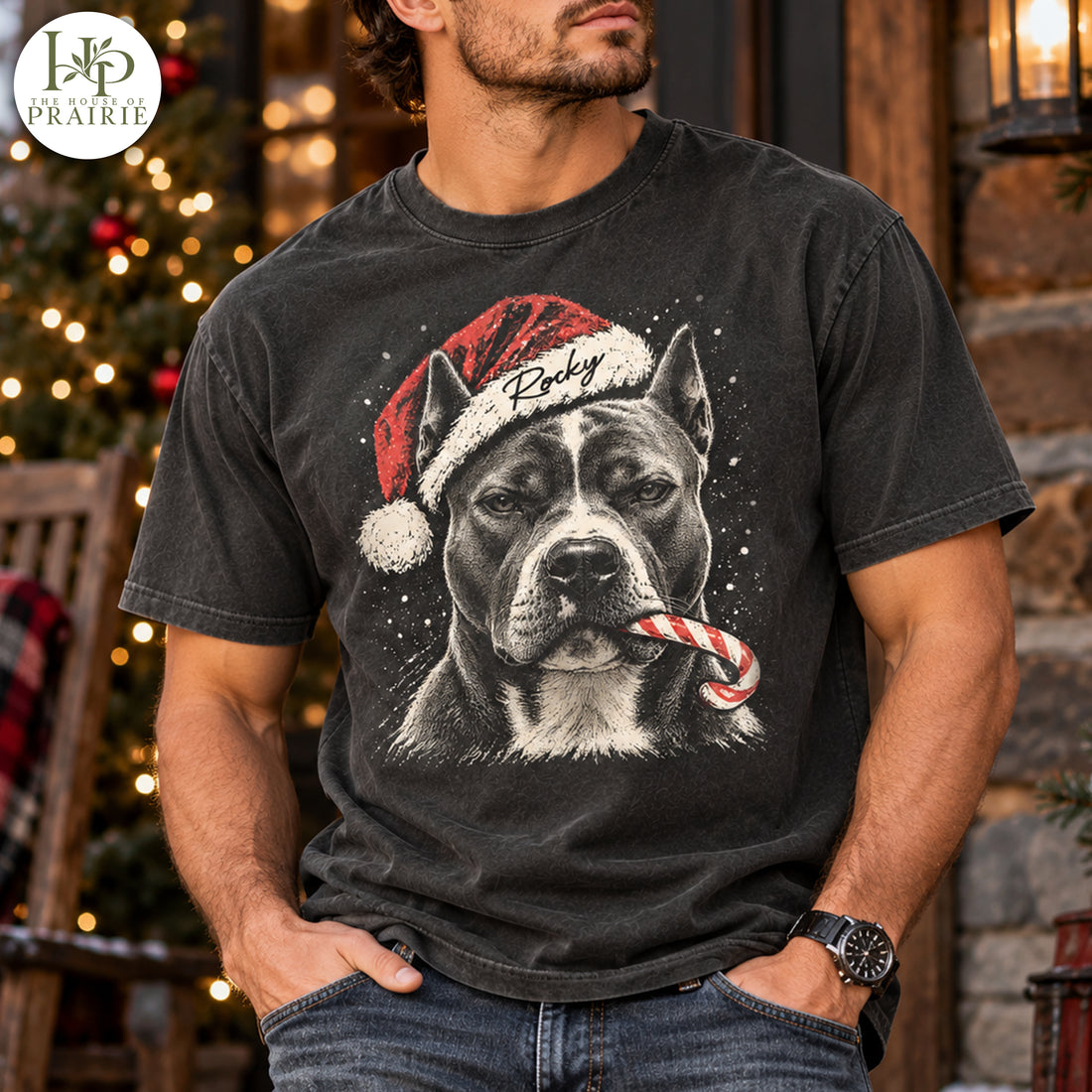 Personalized Pitbull Christmas T-Shirt | Custom Dog Photo Vintage Santa Hat Candy Cane Graphic Tee | Custom Pet Name Shirt | Funny Holiday Pitbull Lover Gift | Upload Your Pet Picture