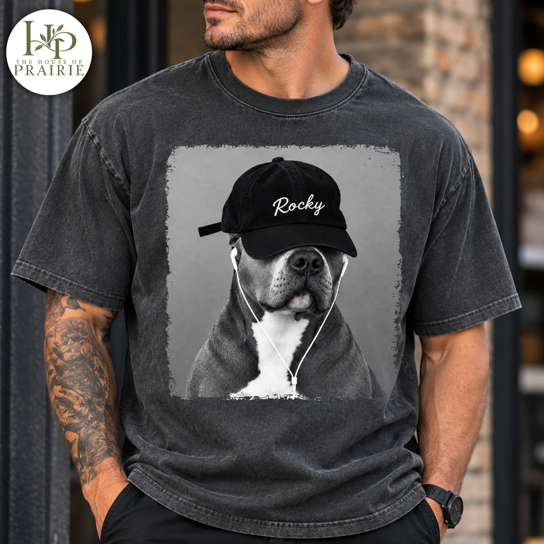 Personalized Pitbull Cool Dog T-Shirt | Custom Pet Photo Black and White Hip Hop Portrait Graphic Tee | Custom Dog Name Shirt | Pitbull Lover Gift | Upload Your Pet Picture