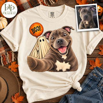 Personalized Pitbull Halloween T-Shirt | Custom Dog Photo Funny Selfie Ghost Boo Graphic Tee | Cute Spooky Season Pitbull Lover Gift | Upload Your Pet Picture