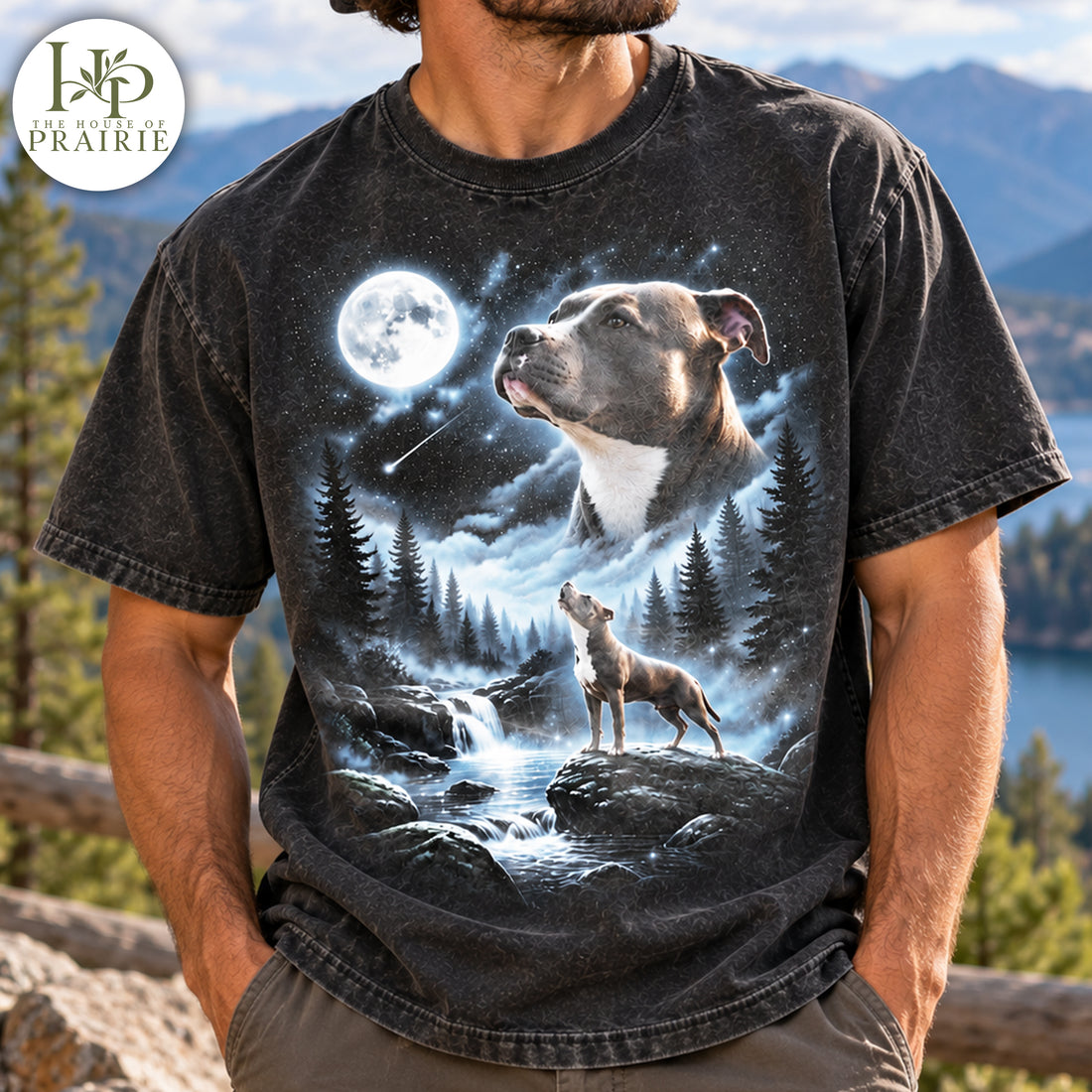 Personalized Pitbull Moonlight T-Shirt | Custom Dog Photo Full Moon Forest Waterfall Graphic Tee | Pitbull Lover Gift | Upload Your Pet Picture