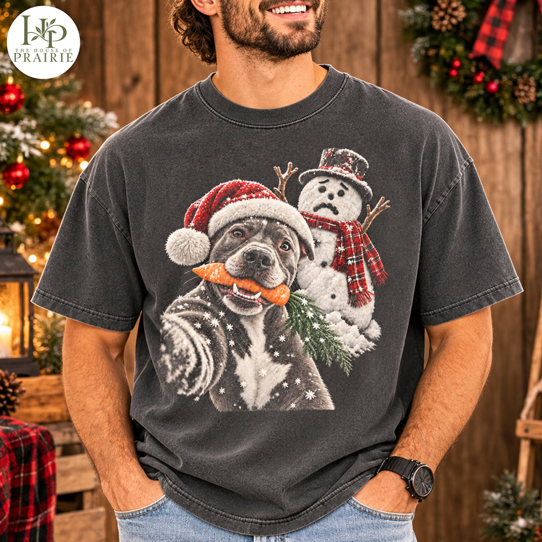 Personalized Pitbull Christmas T-Shirt | Custom Dog Photo Funny Snowman Carrot Selfie Graphic Tee | Cute Holiday Pitbull Lover Gift | Upload Your Pet Picture