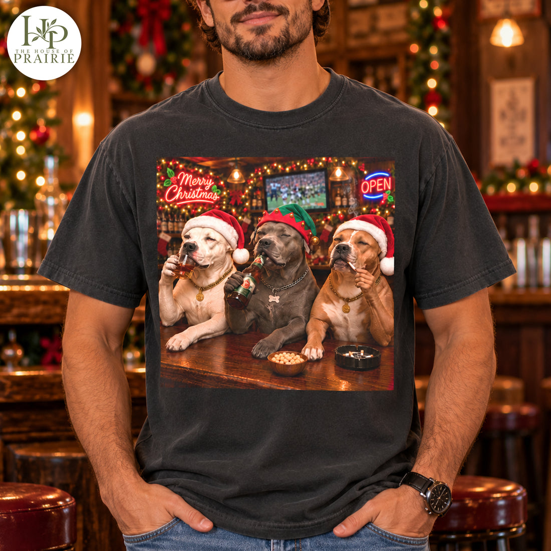 Personalized Pitbull Christmas T-Shirt | Custom 3 Dog Photos Funny Santa Bar Drinking Beer Graphic Tee | Christmas Pitbull Lover Gift | Upload Your Pet Pictures