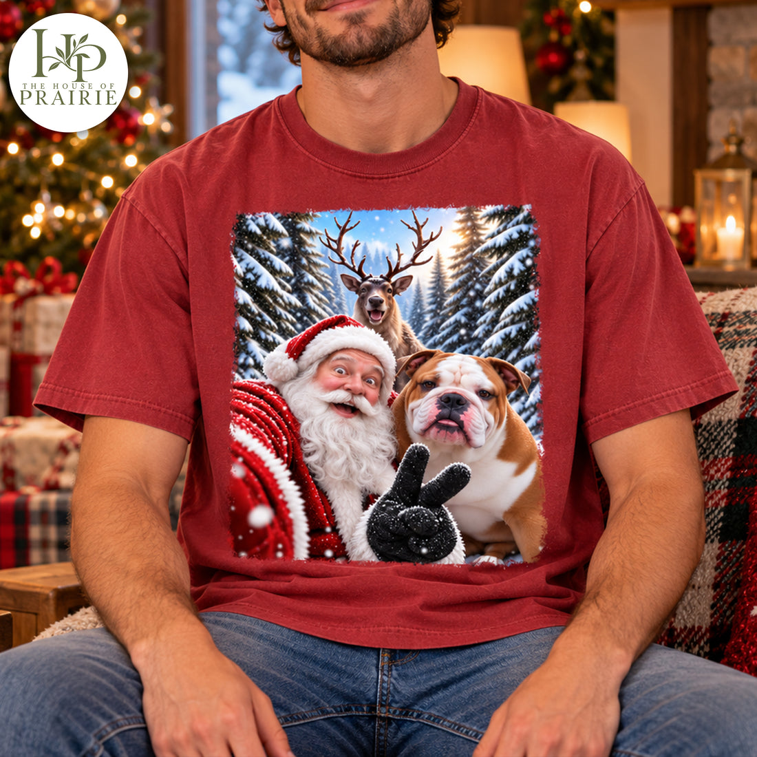Personalized English Bulldog Christmas T-Shirt | Custom Dog Photo Santa & Reindeer Selfie Tee | Funny Holiday Bulldog Lover Gift | Upload Your Pet Picture
