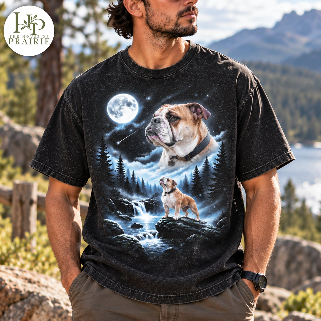 Personalized English Bulldog Moonlight T-Shirt | Custom Dog Photo Full Moon Forest Waterfall Graphic Tee | Bulldog Lover Gift | Upload Your Pet Picture