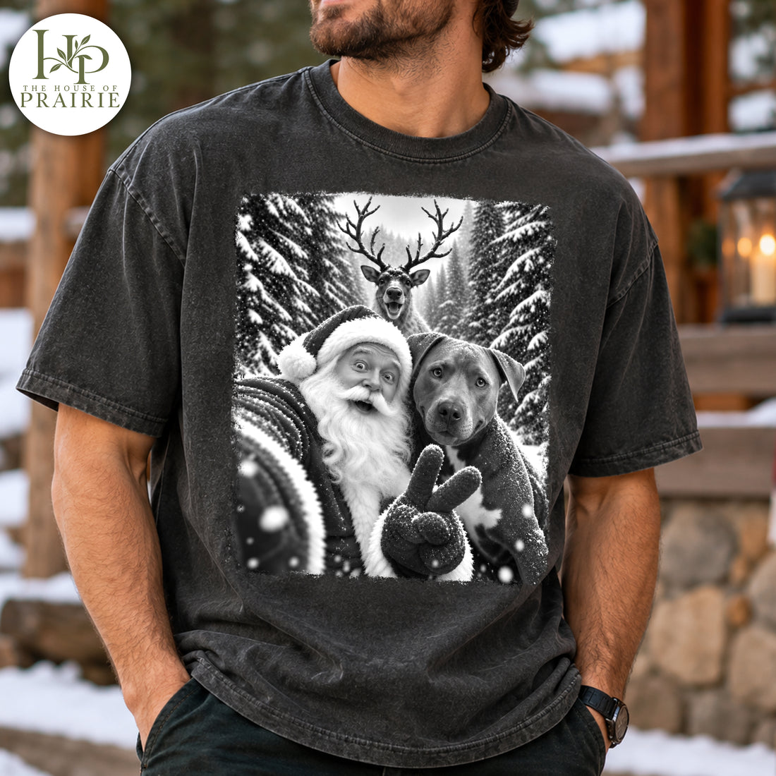 Custom Pitbull Christmas Photo T-Shirt | Personalized Dog Santa & Reindeer Black and White Selfie Tee | Vintage Holiday Dog Lover Gift | Upload Your Pet Picture