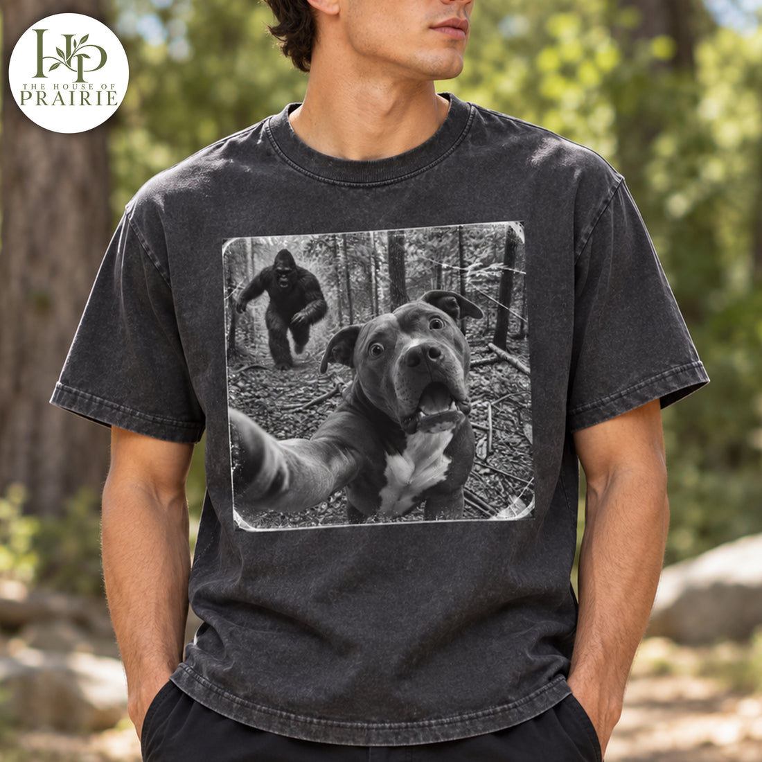 Personalized Pitbull Bigfoot Selfie T-Shirt | Custom Dog Photo Funny Sasquatch Chase Graphic Tee | Pitbull Lover Gift | Upload Your Pet Picture