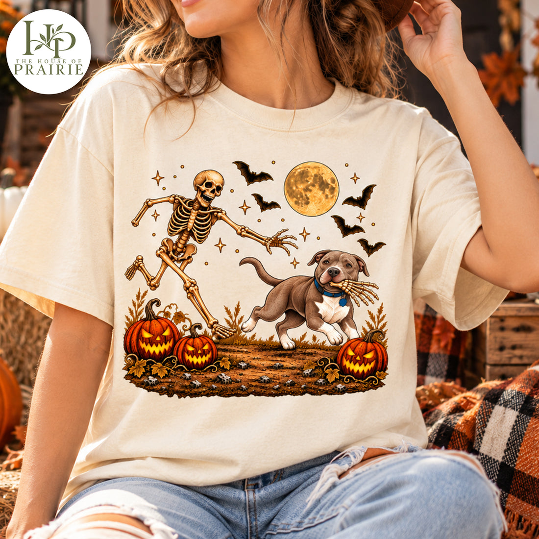 Personalized Pitbull Halloween T-Shirt | Custom Dog Photo Spooky Moon Pumpkin Graphic Tee | Funny Dog Lover Halloween Gift | Upload Your Pet Picture