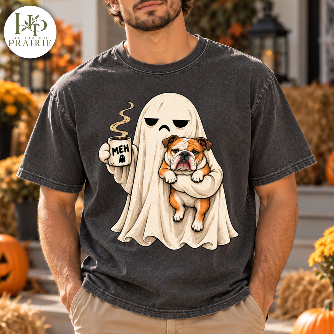 Personalized English Bulldog Halloween T-Shirt | Custom Dog Photo Funny Ghost Coffee Graphic Tee | Spooky Bulldog Lover Gift | Upload Your Pet Picture