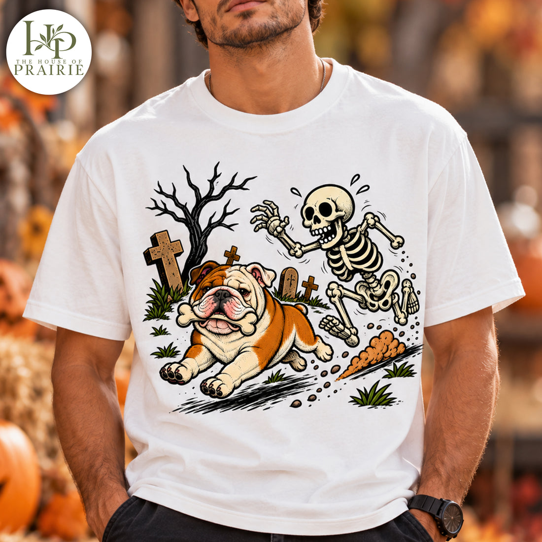 Personalized English Bulldog Halloween T-Shirt | Custom Dog Photo Funny Skeleton Graveyard Graphic Tee | Spooky Bulldog Lover Gift | Upload Your Pet Picture
