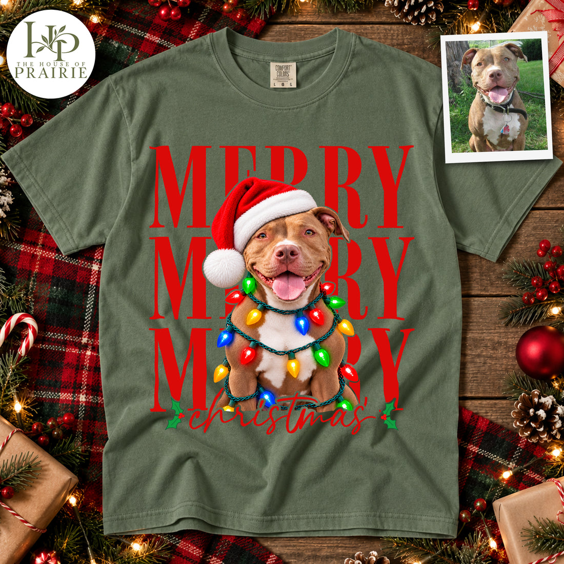 Personalized Pitbull Christmas T-Shirt | Custom Dog Photo Merry Merry Merry Christmas Santa Hat & Colorful Lights Graphic Tee | Cute Holiday Pitbull Lover Gift | Upload Your Pet Picture