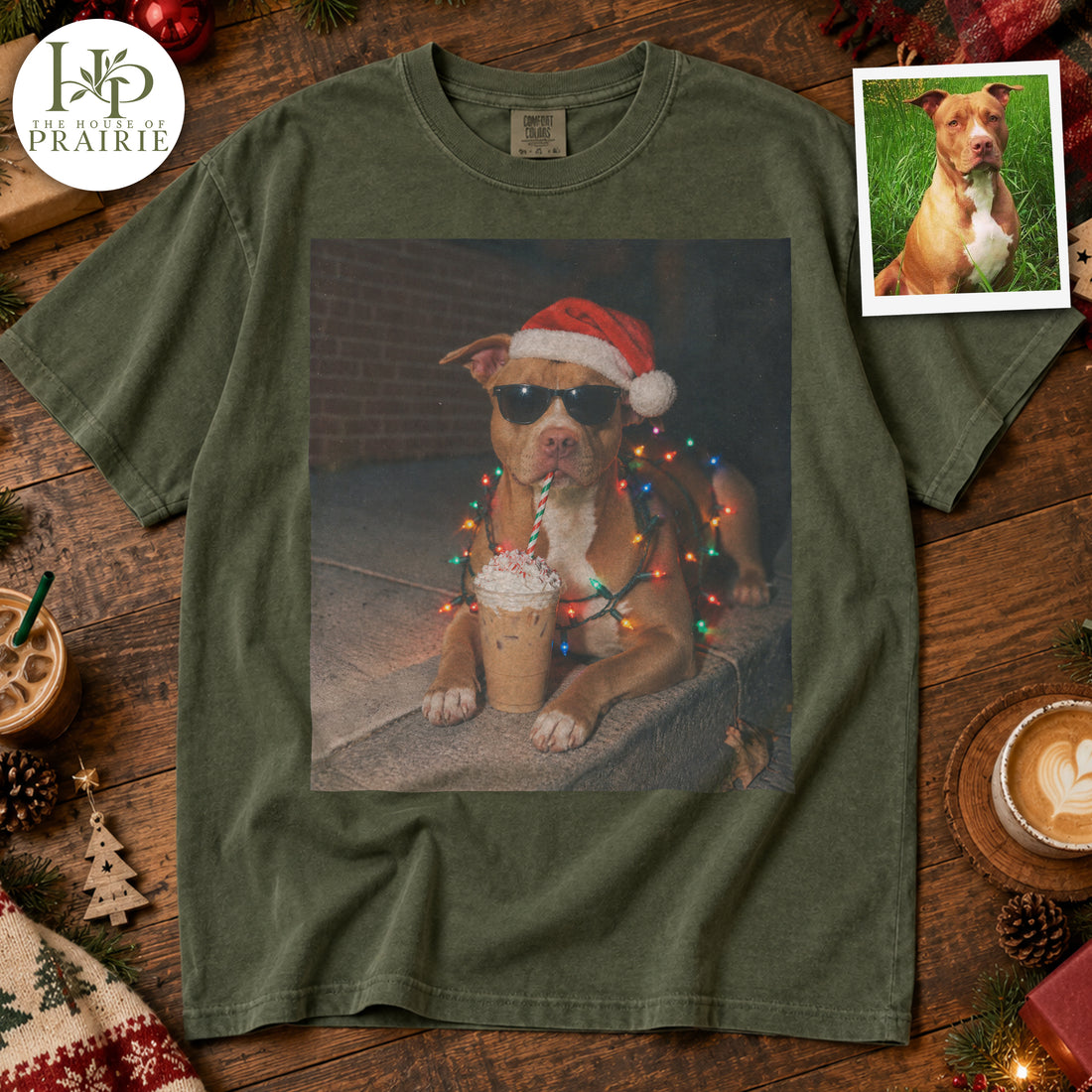 Personalized Pitbull Christmas T-Shirt | Custom Dog Photo Santa Hat Sunglasses Christmas Lights Iced Coffee Graphic Tee | Funny Holiday Pitbull Lover Gift | Upload Your Pet Picture