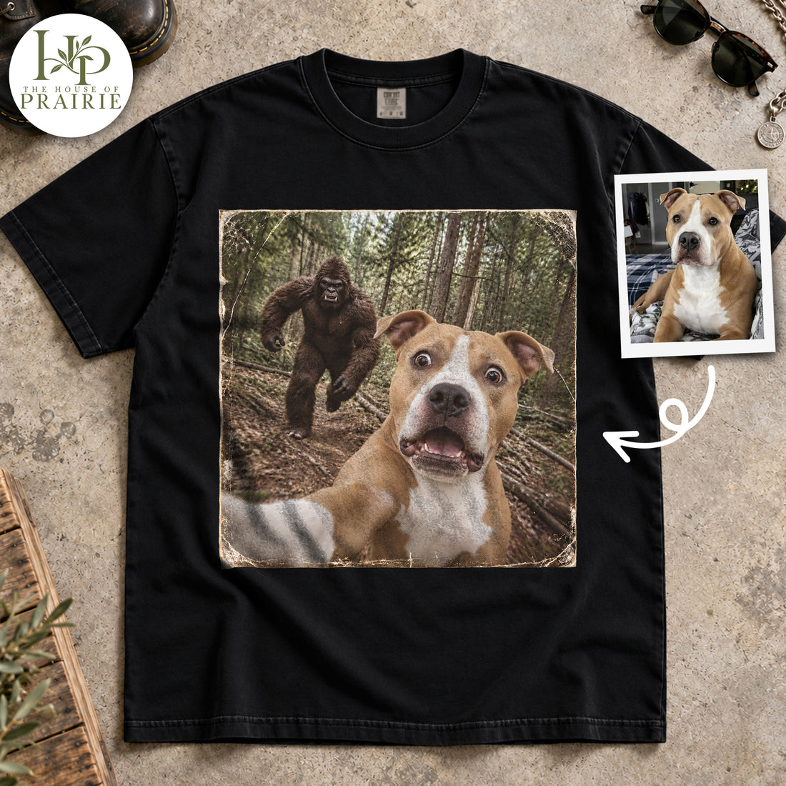 Personalized Pitbull T-Shirt | Custom Dog Photo Funny Bigfoot Chasing Dog Selfie Vintage Graphic Tee | Sasquatch Forest Adventure Pitbull Lover Gift | Upload Your Pet Picture