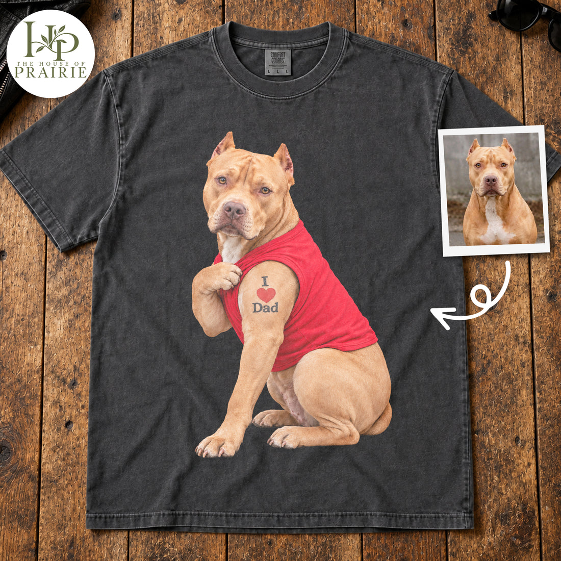 Personalized Pitbull T-Shirt | Custom Dog Photo I Love Dad Tattoo Funny Muscle Dog Graphic Tee | Pitbull Dad Father's Day Gift | Upload Your Pet Picture