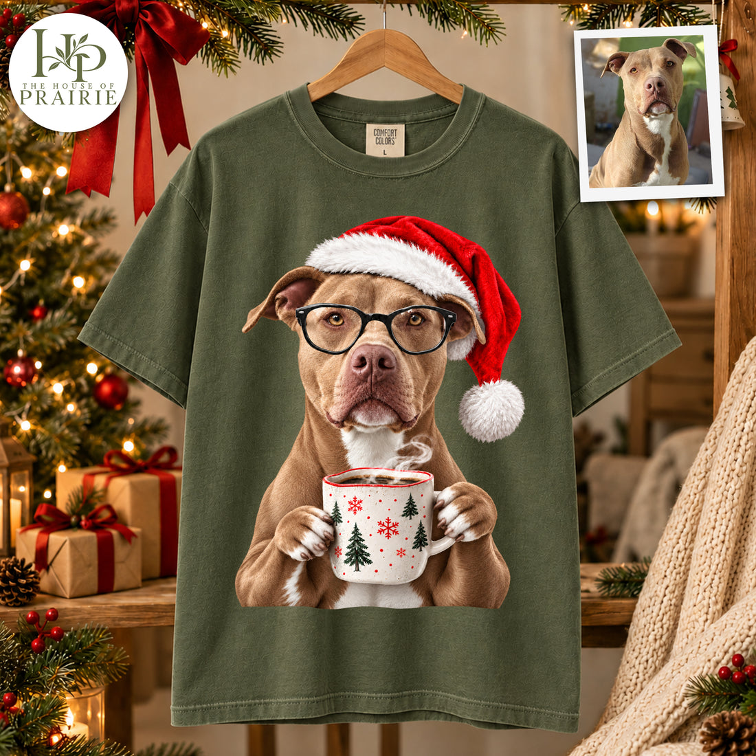 Personalized Pitbull Christmas T-Shirt | Custom Dog Photo Santa Hat Glasses Hot Coffee Graphic Tee | Cozy Holiday Pitbull Lover Gift | Upload Your Pet Picture