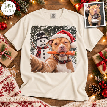 Personalized Pitbull Christmas T-Shirt | Custom Dog Photo Funny Snowman Carrot Selfie Graphic Tee | Holiday Pitbull Lover Gift | Upload Your Pet Picture