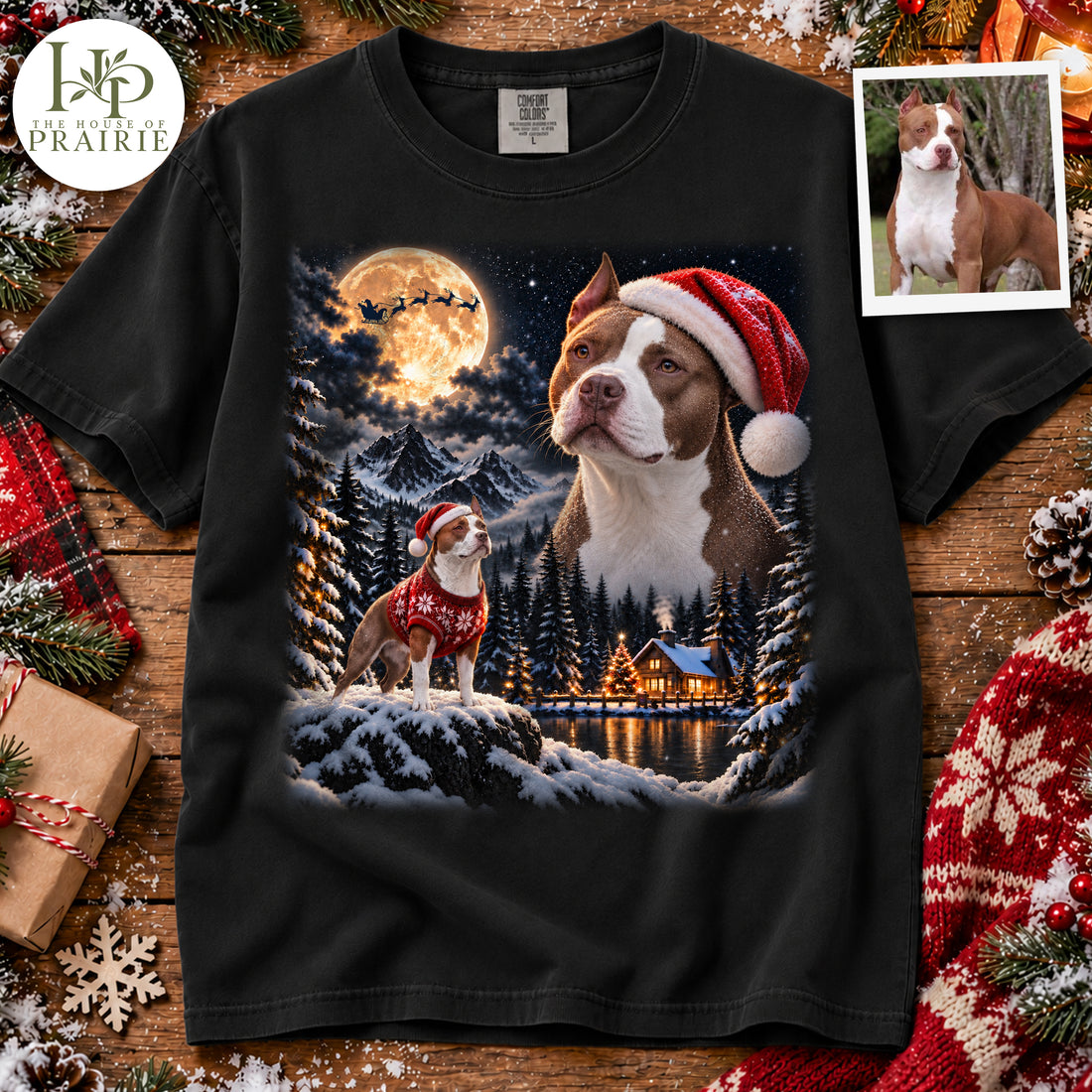 Personalized Pitbull Christmas T-Shirt | Custom Dog Photo Santa Hat Winter Wonderland Full Moon Snowy Mountain Graphic Tee | Christmas Pitbull Lover Gift | Upload Your Pet Picture