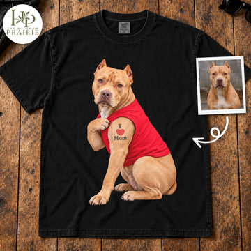 Personalized Pitbull T-Shirt | Custom Dog Photo I Love Mom Tattoo Funny Muscle Dog Graphic Tee | Pitbull Mom Mother's Day Gift | Upload Your Pet Picture