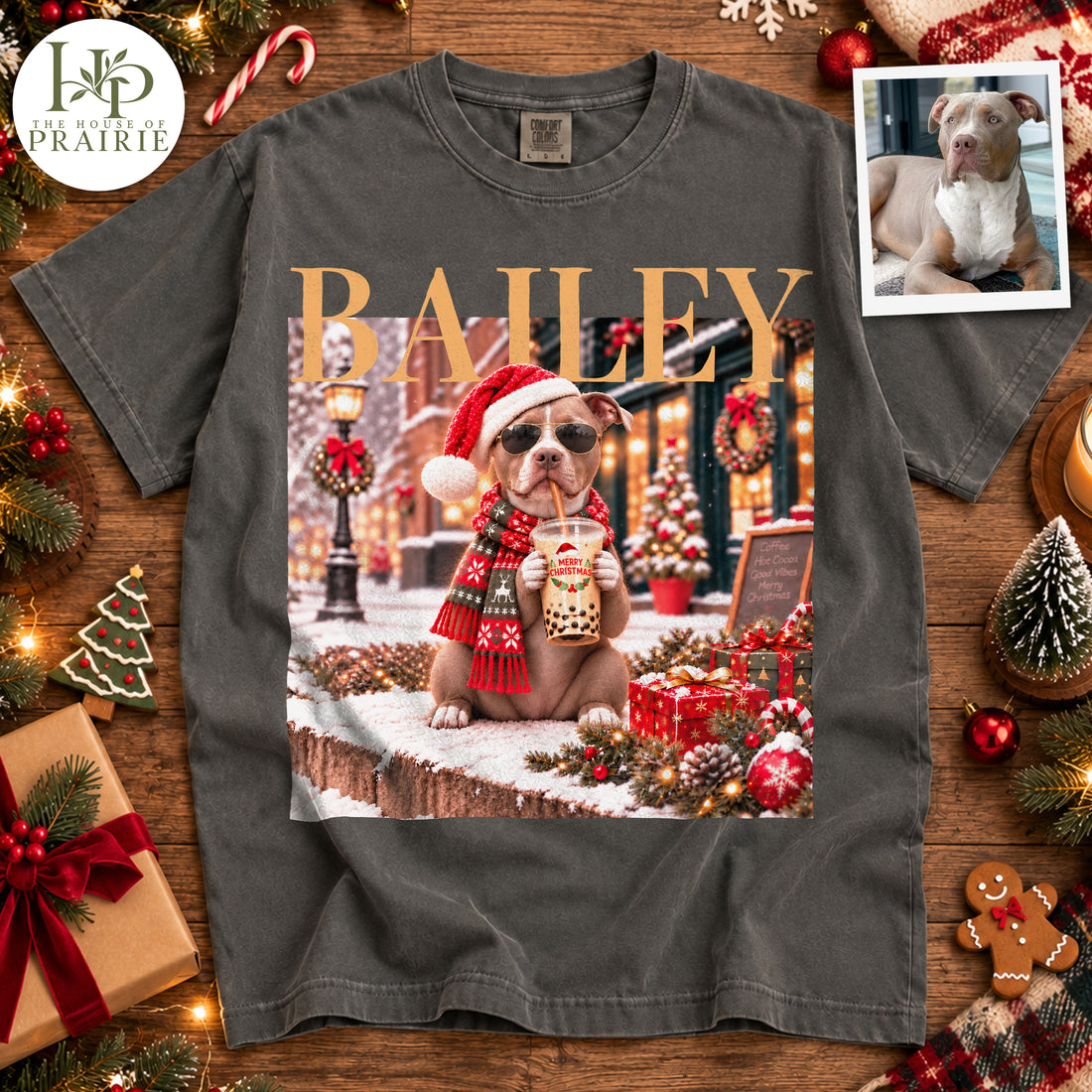 Personalized Pitbull Christmas T-Shirt | Custom Dog Photo Santa Hat Sunglasses Bubble Tea Snowy Christmas Scene Graphic Tee | Custom Pet Name | Holiday Pitbull Lover Gift | Upload Your Pet Picture