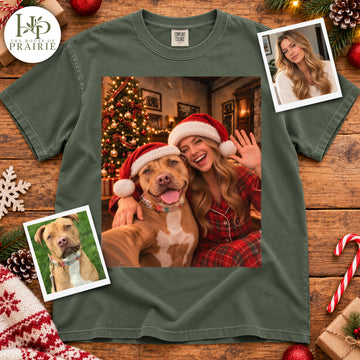 Personalized Pitbull Christmas T-Shirt | Custom Dog & Owner Photo Holiday Selfie Graphic Tee | Matching Santa Hat Christmas Gift | Upload Your Pictures