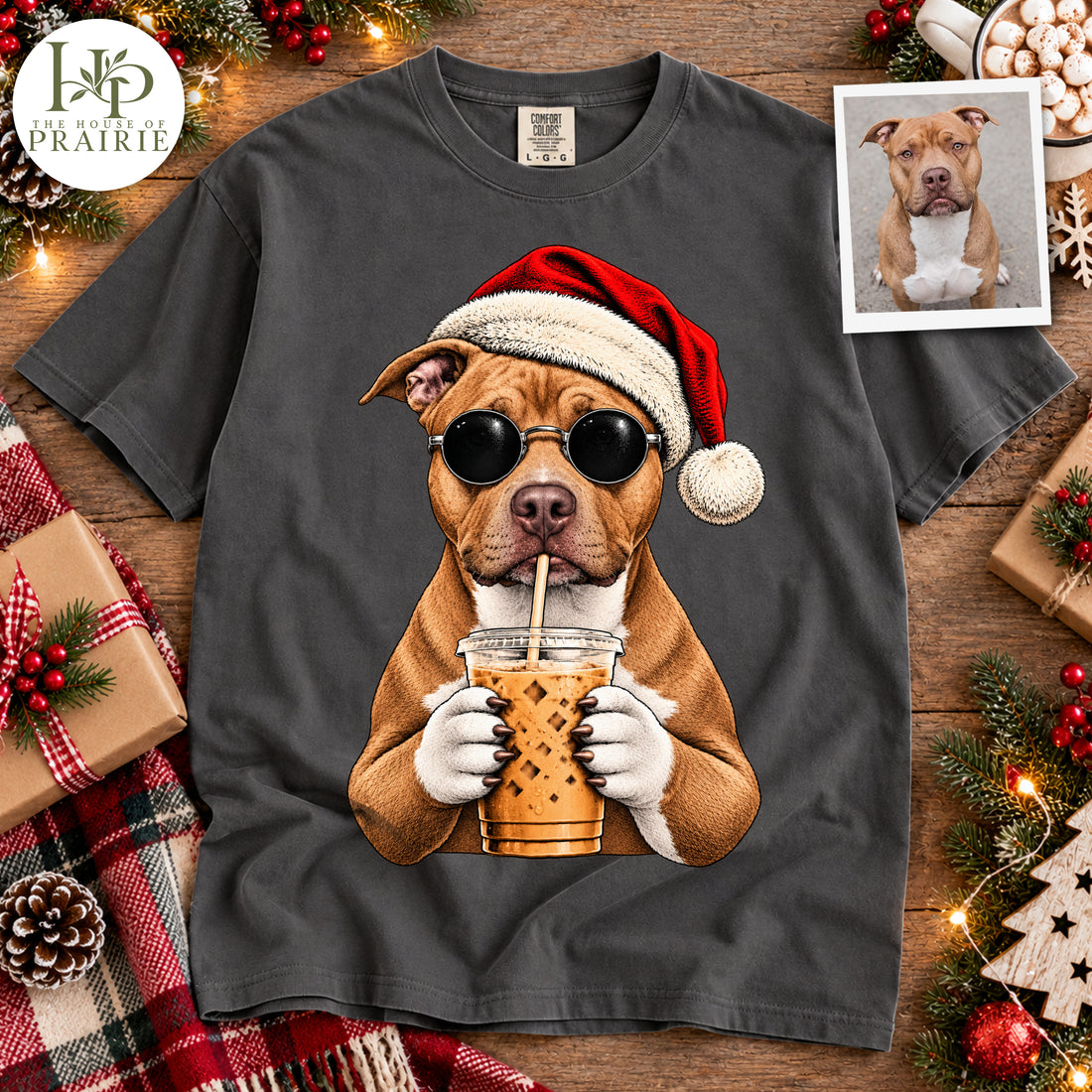 Personalized Pitbull Christmas T-Shirt | Custom Dog Photo Santa Hat Sunglasses Iced Coffee Graphic Tee | Funny Holiday Pitbull Lover Gift | Upload Your Pet Picture